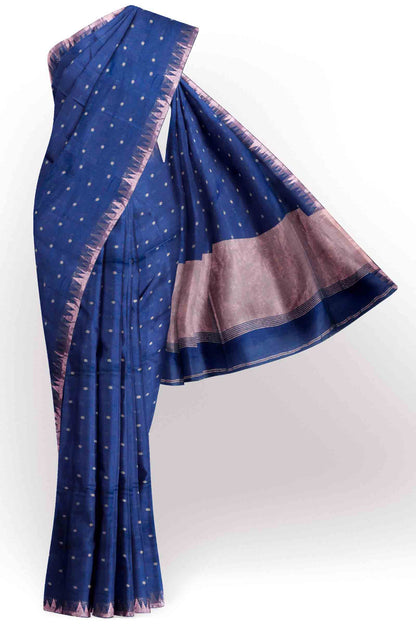 Navy Blue Soft Bengal Cotton Mini Polka Butta Block Temple Border Zari Pallu Saree