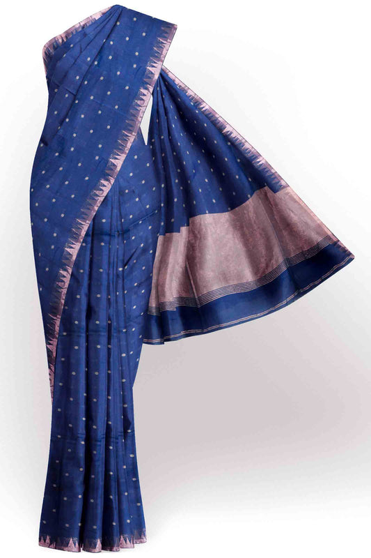 Navy Blue Soft Bengal Cotton Mini Polka Butta Block Temple Border Zari Pallu Saree