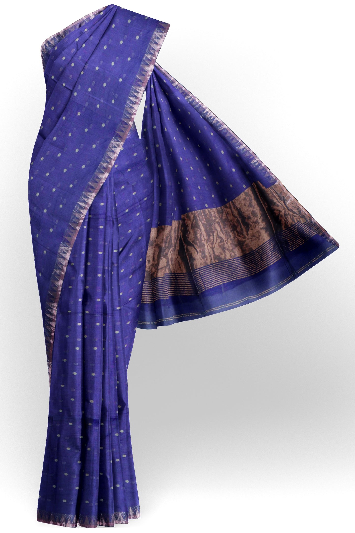 Navy Soft Bengal Cotton Mini Butta Block Zari Pallu Temple Border Saree