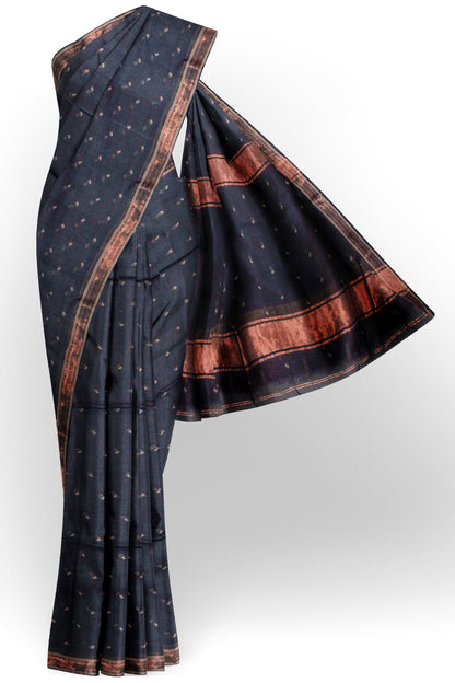 Black Soft Bengal Cotton Mini Butta Block Zari Pallu Saree