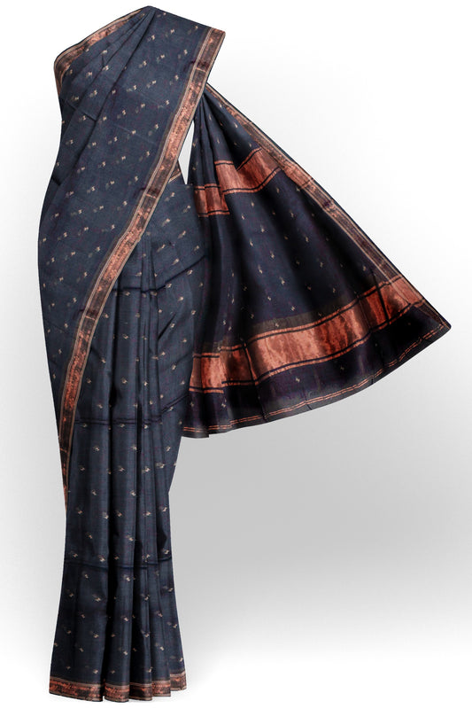 Black Soft Bengal Cotton Mini Butta Block Zari Pallu Saree