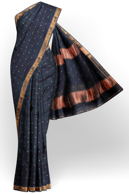 Black Soft Bengal Cotton Mini Butta Block Zari Pallu Saree