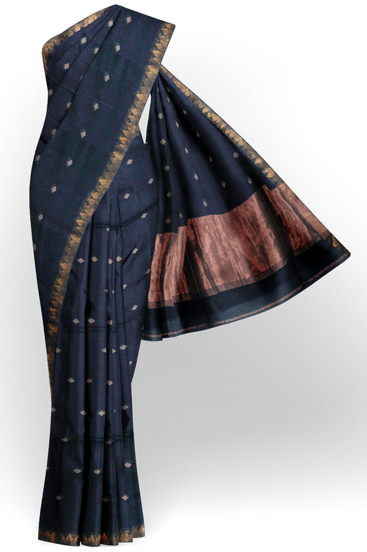 Black Soft Bengal Cotton Mini Diamond Butta Block Zari Pallu Saree