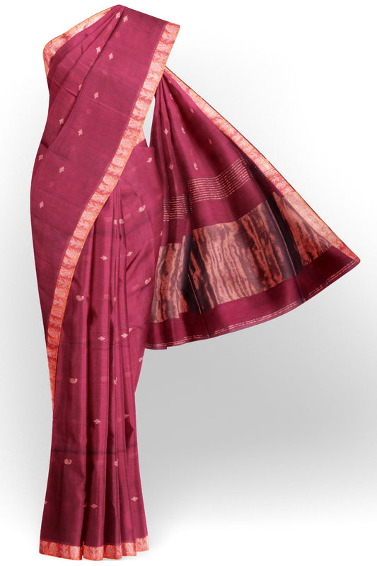 Dark Maroon Soft Bengal Cotton Mini Mango Leaf Butta Block Zari Pallu Saree