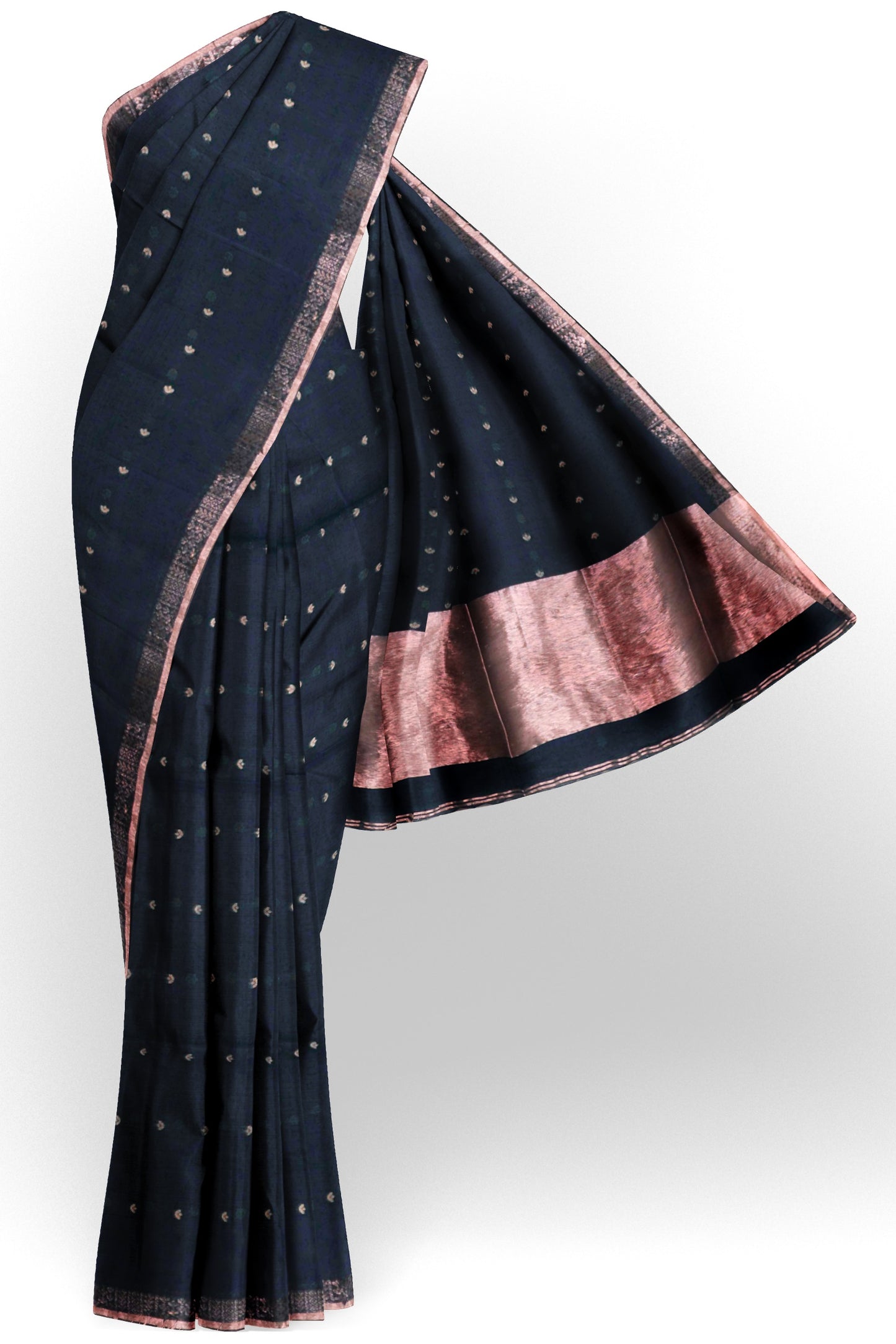 Black Soft Bengal Cotton Mini Leaf Butta Block Zari Pallu Saree