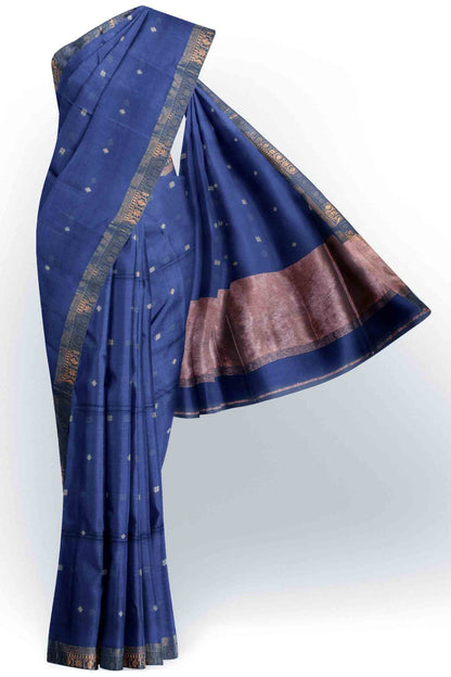 Navy Blue Soft Bengal Cotton Mini Star Butta Block Zari Pallu Saree