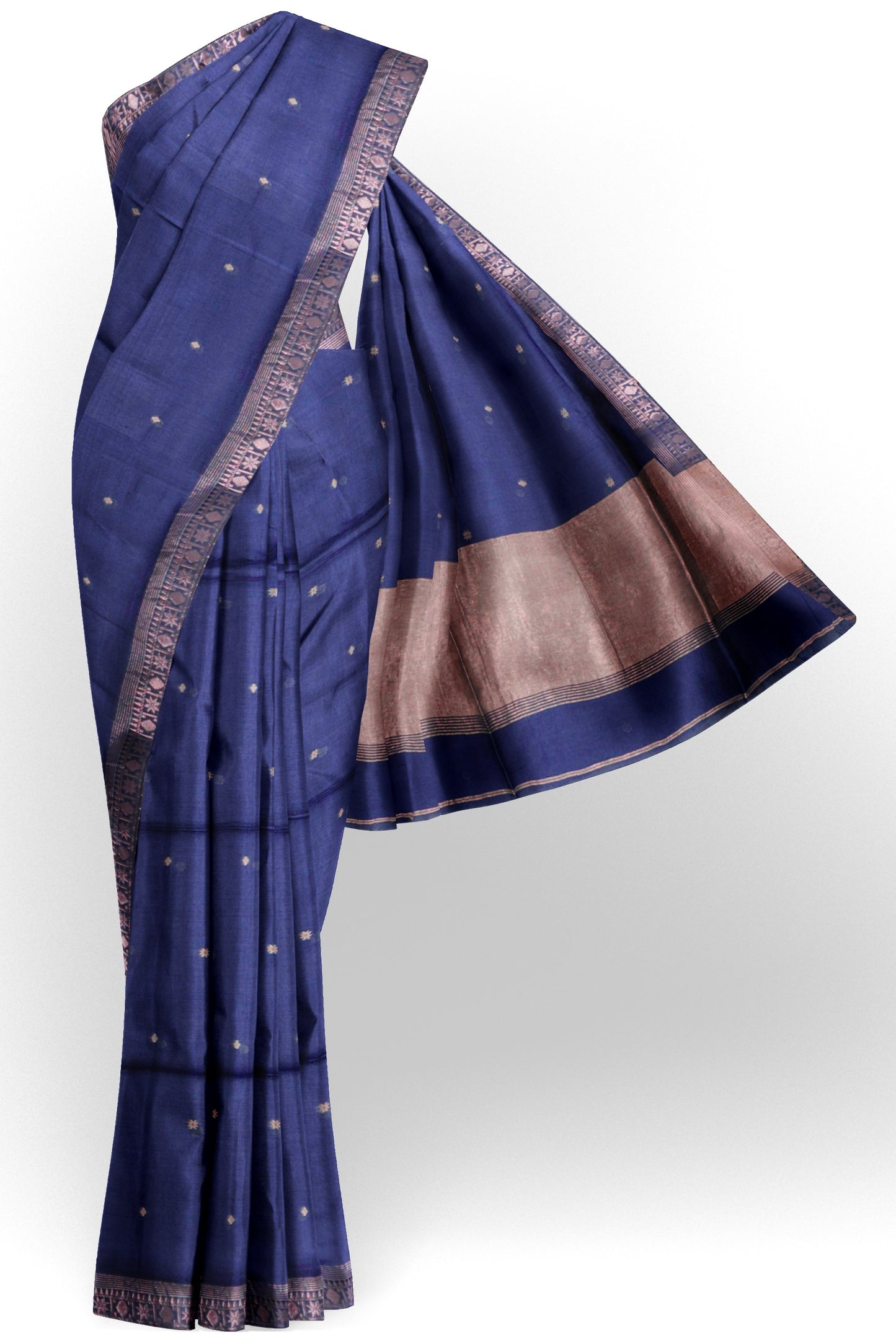 Navy Blue Soft Bengal Cotton Mini Star Butta Block Zari Pallu Saree