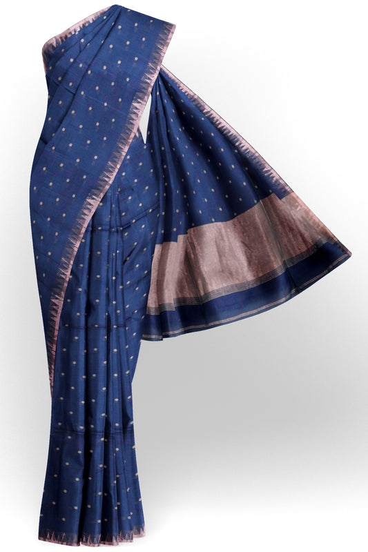 Navy Blue Soft Bengal Cotton Mini Polka Butta Block Zari Pallu Saree