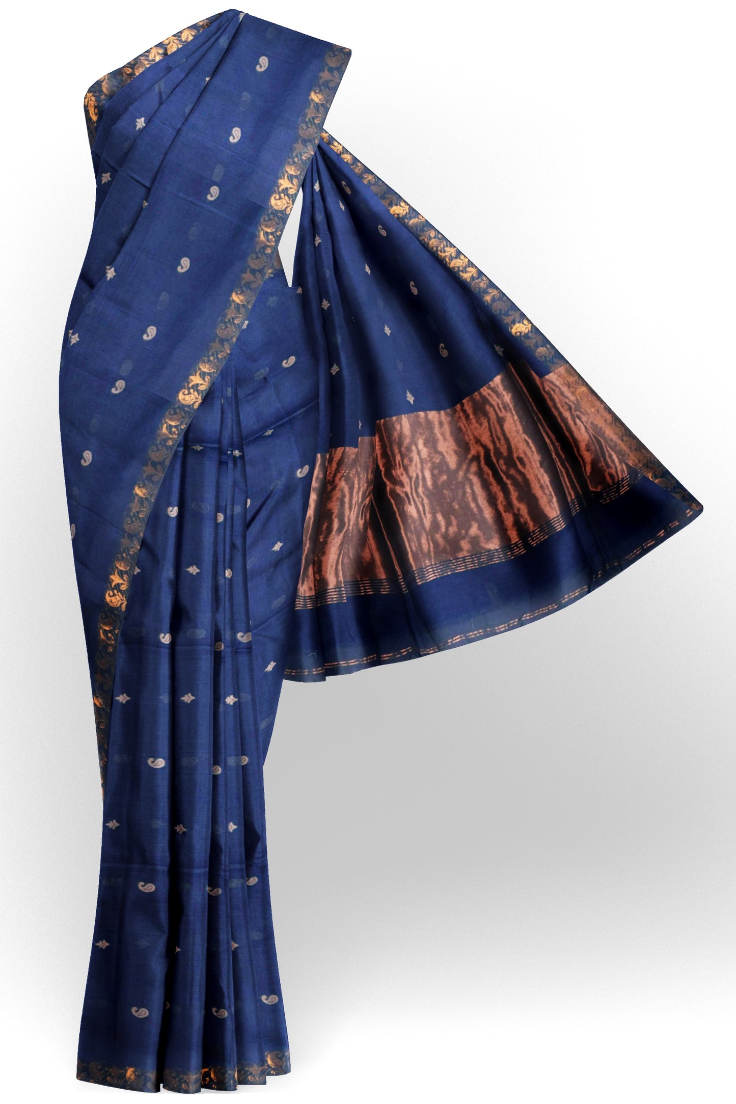 Navy Blue Soft Bengal Cotton Mini Paisely Butta Block Zari Pallu Saree