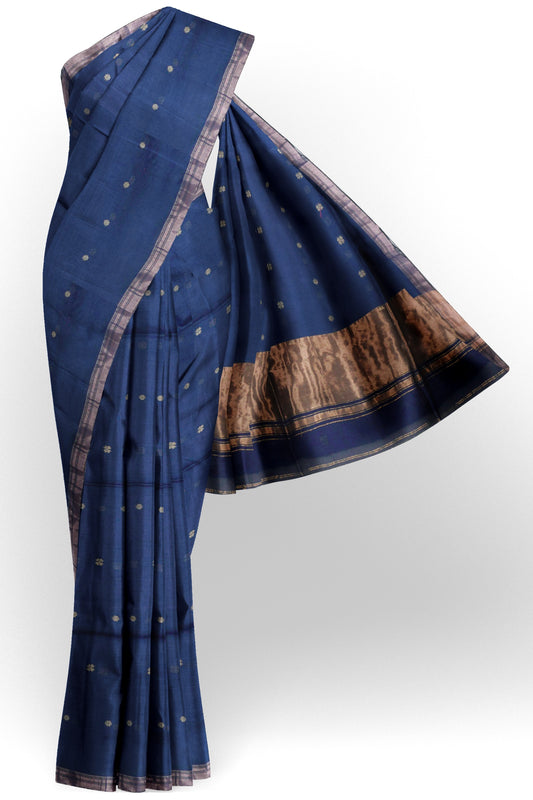 Navy Blue Soft Bengal Cotton Mini Floral Butta Block Zari Pallu Saree