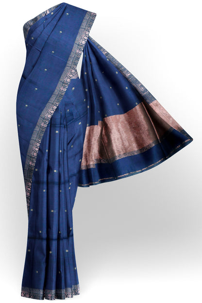 Navy Blue Soft Bengal Cotton Mini Tara Butta Block Zari Pallu Saree