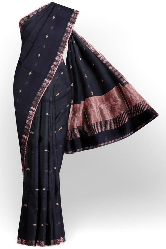 Black Soft Bengal Cotton Mini Cocoa Butta Block Zari Pallu Saree