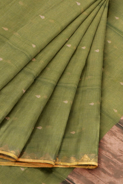 Green Soft Bengal Cotton Mini Tilaka Butta Block Zari Pallu Saree