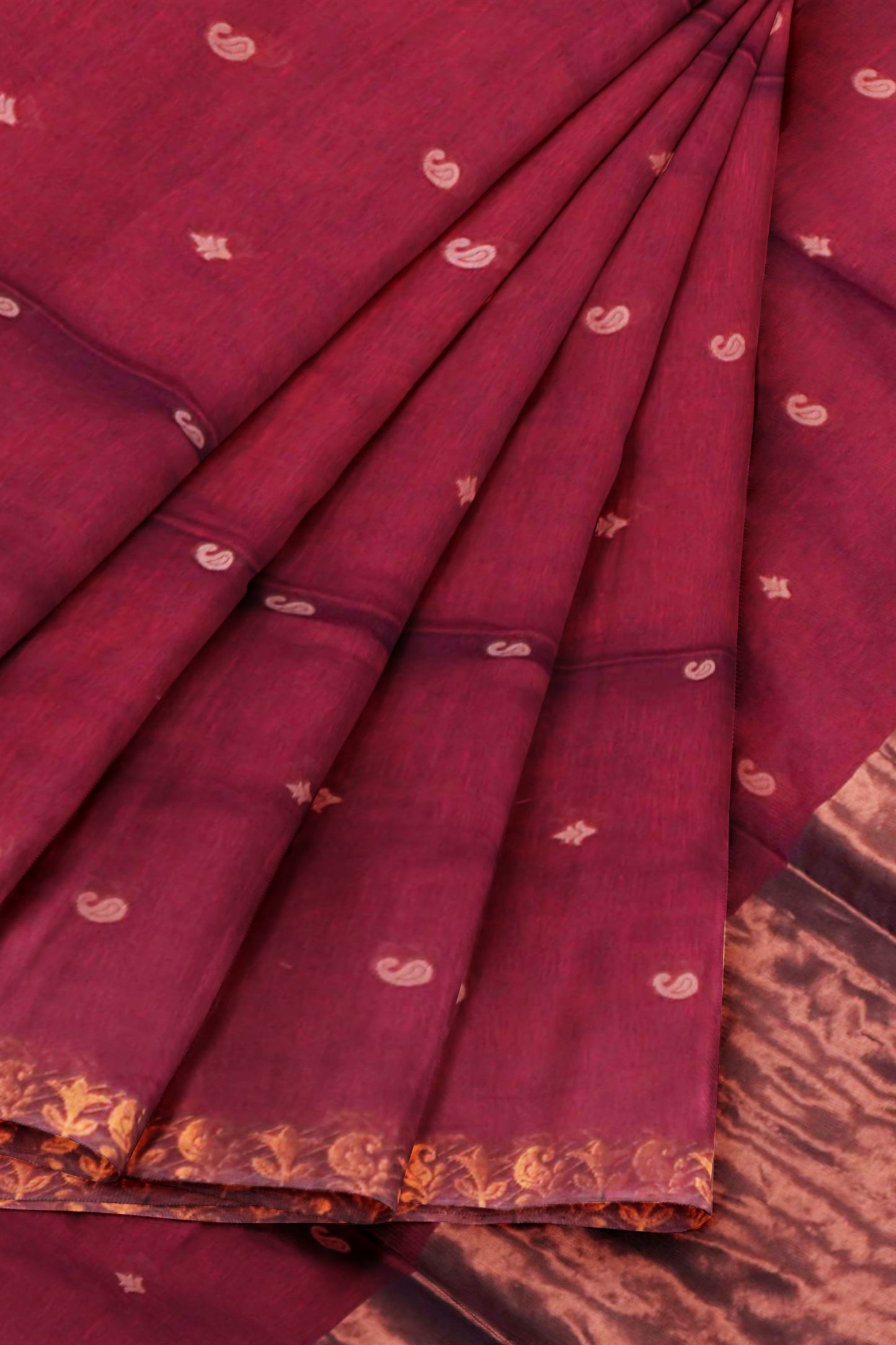Dark Maroon Soft Bengal Cotton Mini Paisely Butta Block Zari Pallu Saree