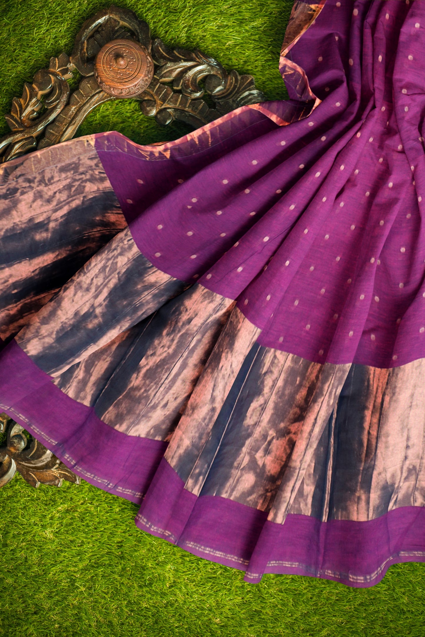 VioletSoft Bengal Cotton Mini Polka Butta Block Zari Pallu Saree