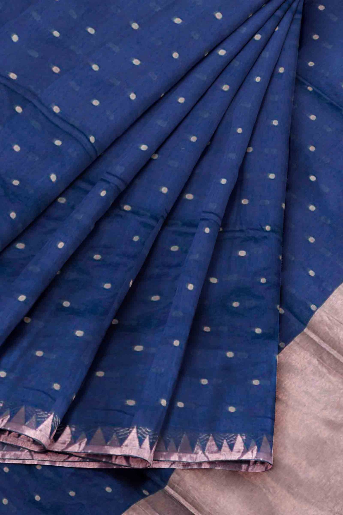 Navy Blue Soft Bengal Cotton Mini Polka Butta Block Temple Border Zari Pallu Saree