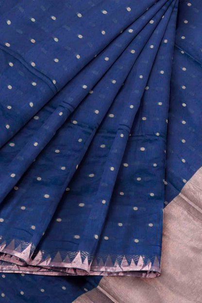 Navy Blue Soft Bengal Cotton Mini Polka Butta Block Temple Border Zari Pallu Saree