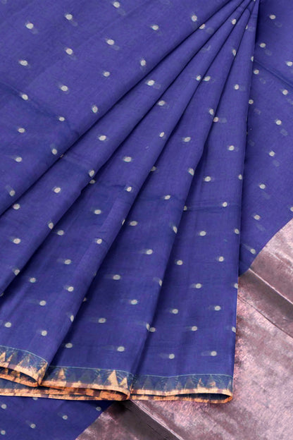 Violet Soft Bengal Cotton Mini Butta Block Zari Pallu Saree