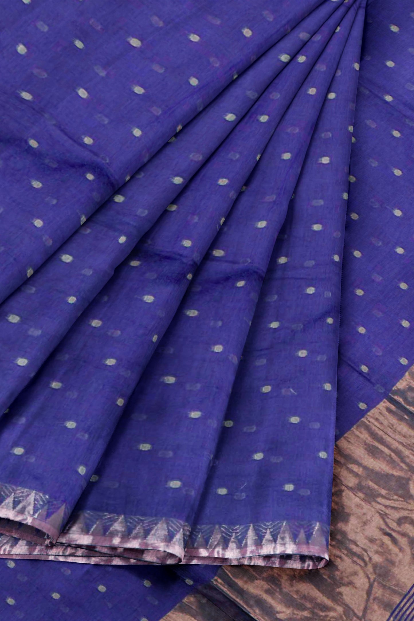 Navy Soft Bengal Cotton Mini Butta Block Zari Pallu Temple Border Saree