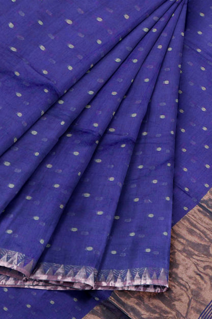 Navy Soft Bengal Cotton Mini Butta Block Zari Pallu Temple Border Saree