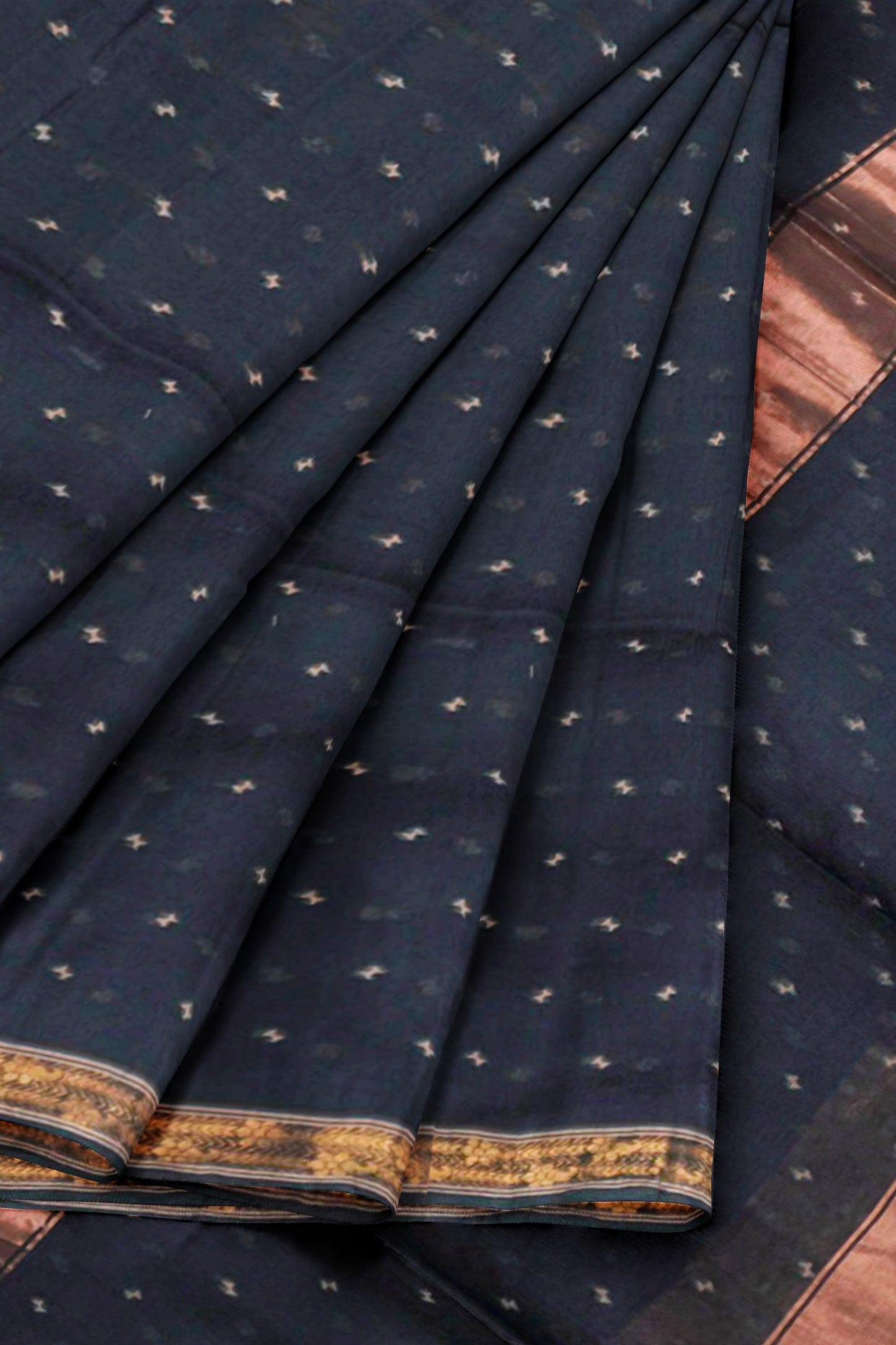 Black Soft Bengal Cotton Mini Butta Block Zari Pallu Saree