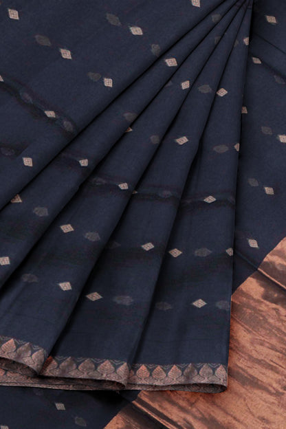 Black Soft Bengal Cotton Mini Diamond Butta Leaf Border Block Zari Pallu Saree