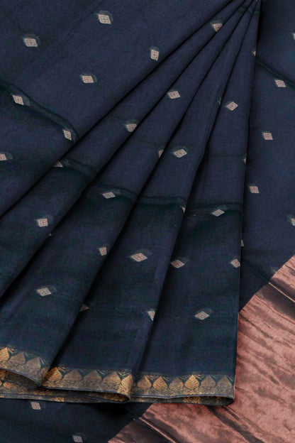 Black Soft Bengal Cotton Mini Diamond Butta Block Zari Pallu Saree