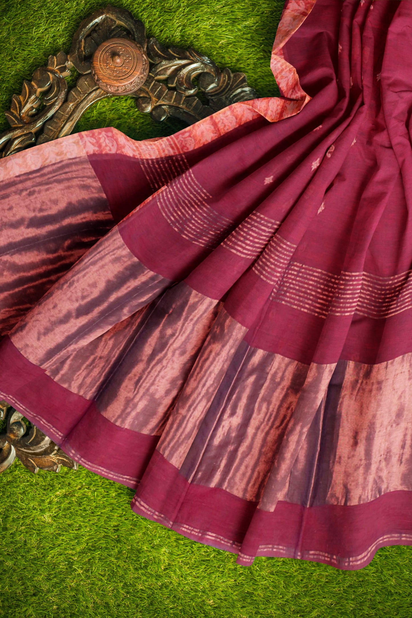 Dark Maroon Soft Bengal Cotton Mini Mango Leaf Butta Block Zari Pallu Saree