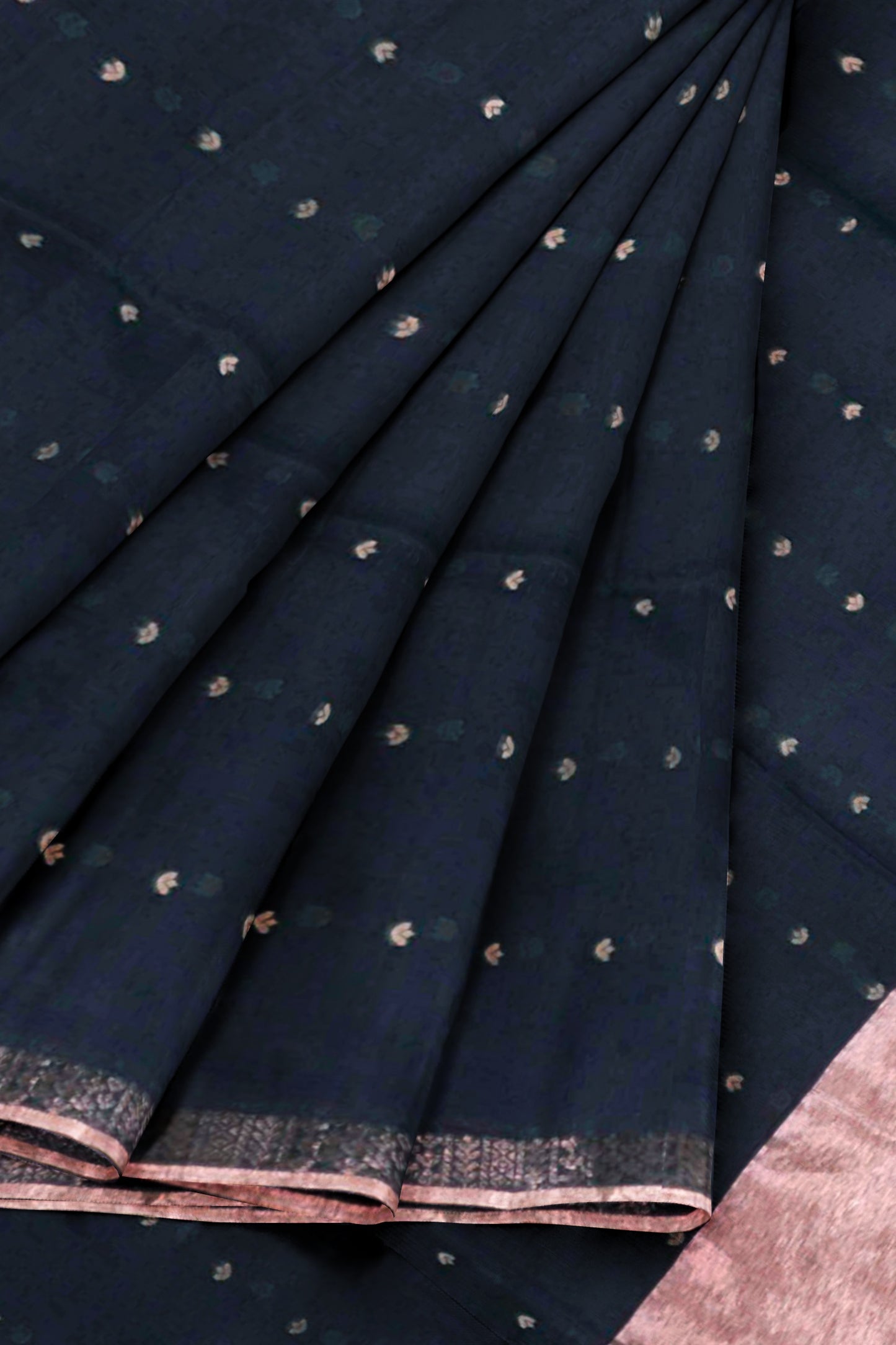 Black Soft Bengal Cotton Mini Leaf Butta Block Zari Pallu Saree