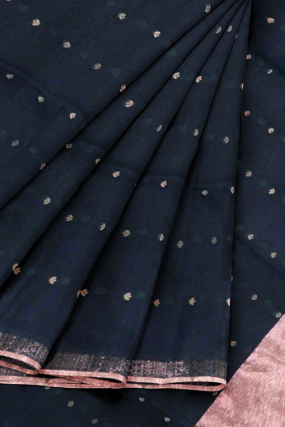 Black Soft Bengal Cotton Mini Leaf Butta Block Zari Pallu Saree