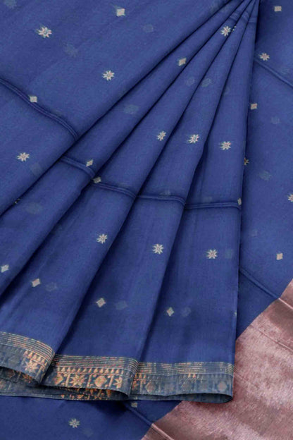 Navy Blue Soft Bengal Cotton Mini Star Butta Block Zari Pallu Saree