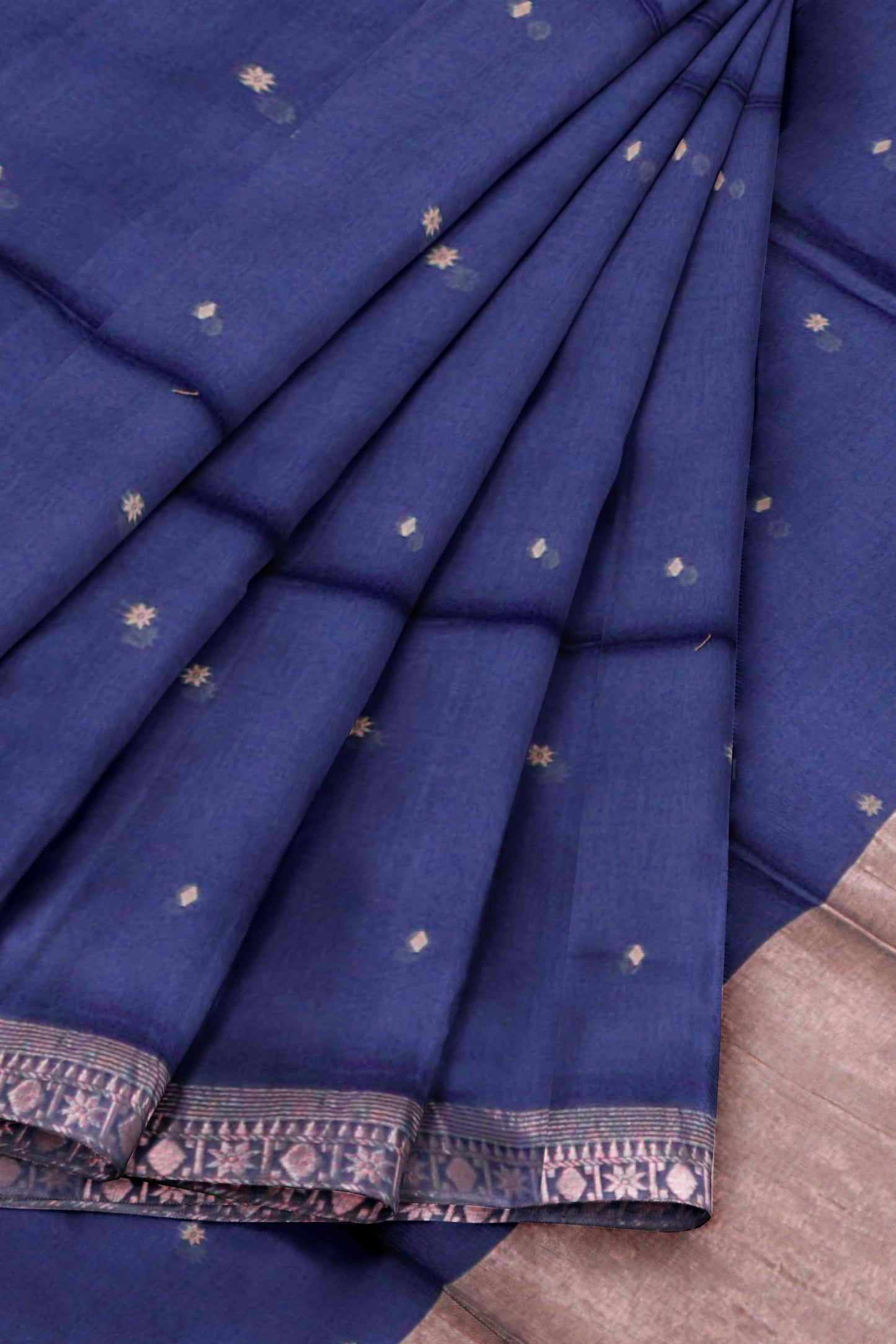 Navy Blue Soft Bengal Cotton Mini Star Butta Block Zari Pallu Saree