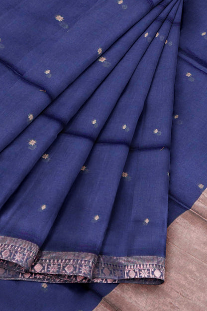 Navy Blue Soft Bengal Cotton Mini Star Butta Block Zari Pallu Saree