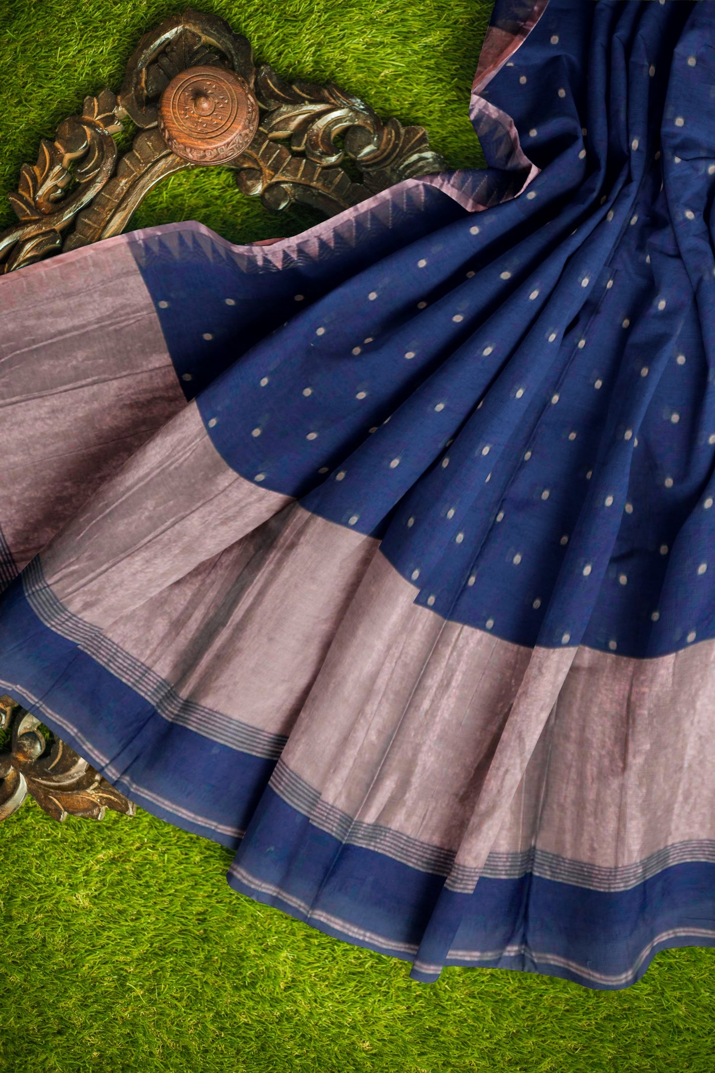 Navy Blue Soft Bengal Cotton Mini Polka Butta Block Zari Pallu Saree