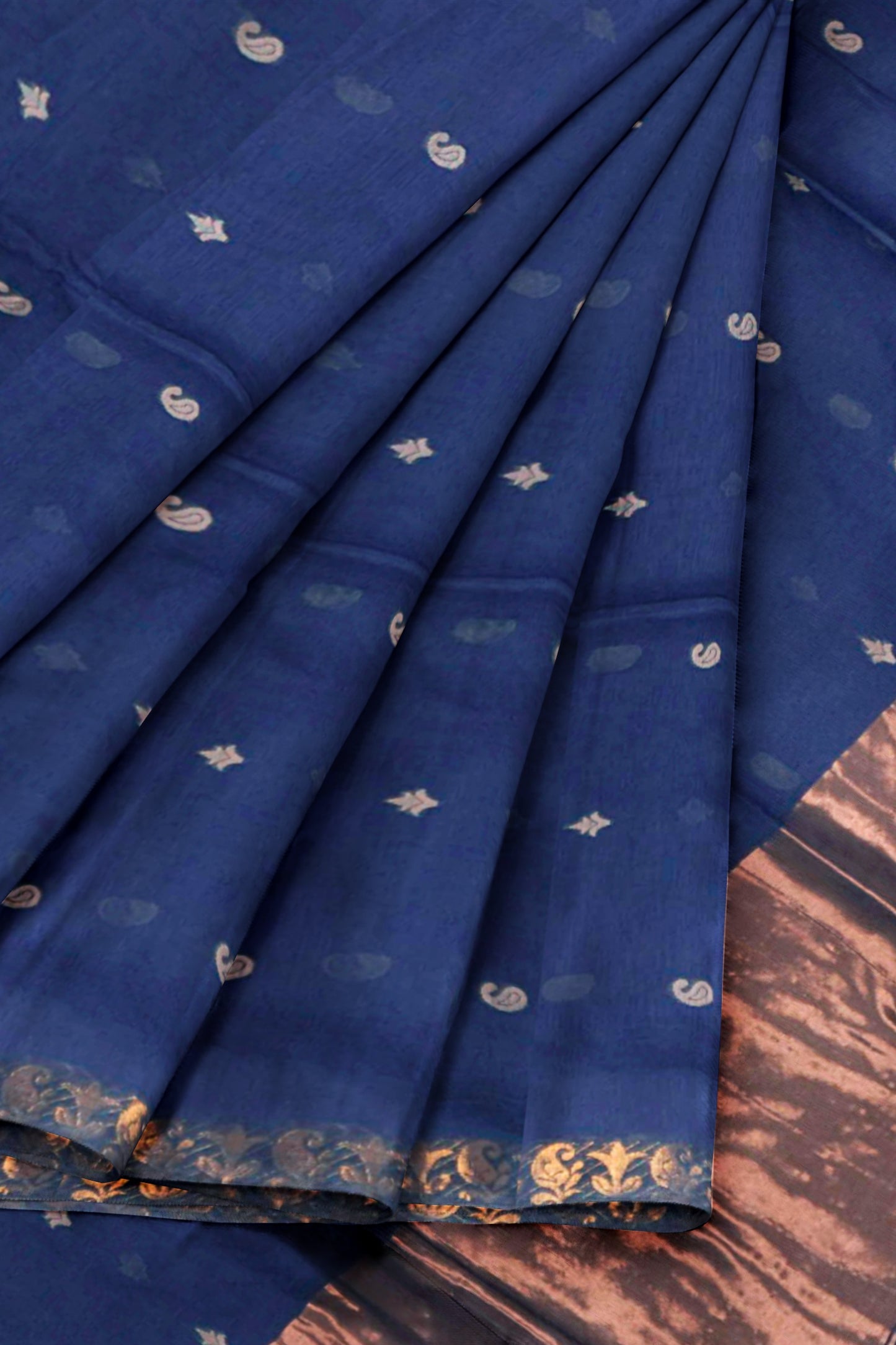 Navy Blue Soft Bengal Cotton Mini Paisely Butta Block Zari Pallu Saree