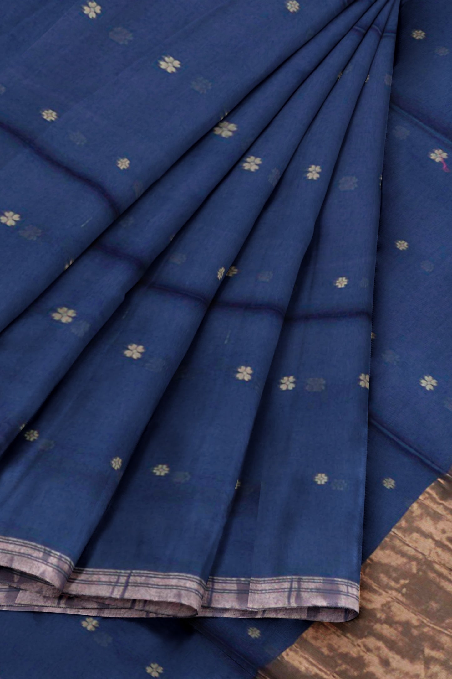 Navy Blue Soft Bengal Cotton Mini Floral Butta Block Zari Pallu Saree
