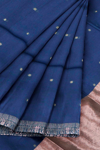 Navy Blue Soft Bengal Cotton Mini Tara Butta Block Zari Pallu Saree