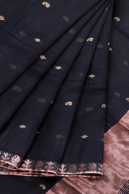 Black Soft Bengal Cotton Mini Cocoa Butta Block Zari Pallu Saree