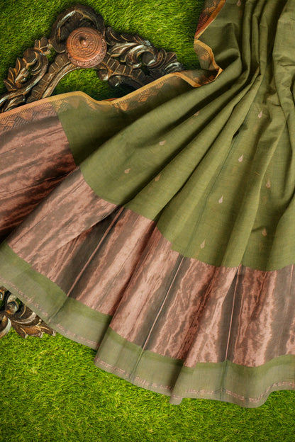 Green Soft Bengal Cotton Mini Tilaka Butta Block Zari Pallu Saree