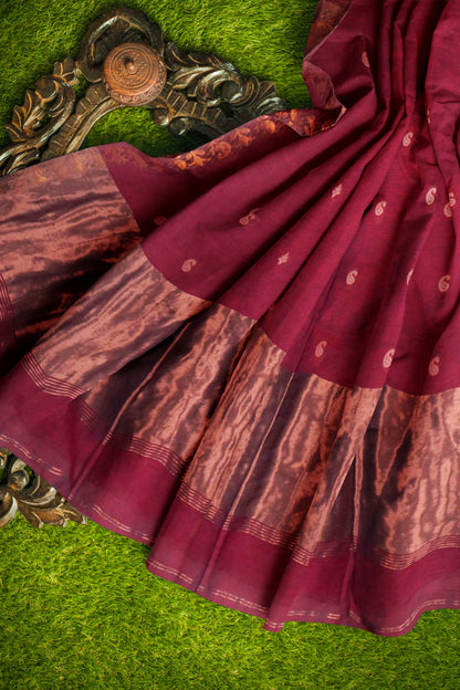 Dark Maroon Soft Bengal Cotton Mini Paisely Butta Block Zari Pallu Saree