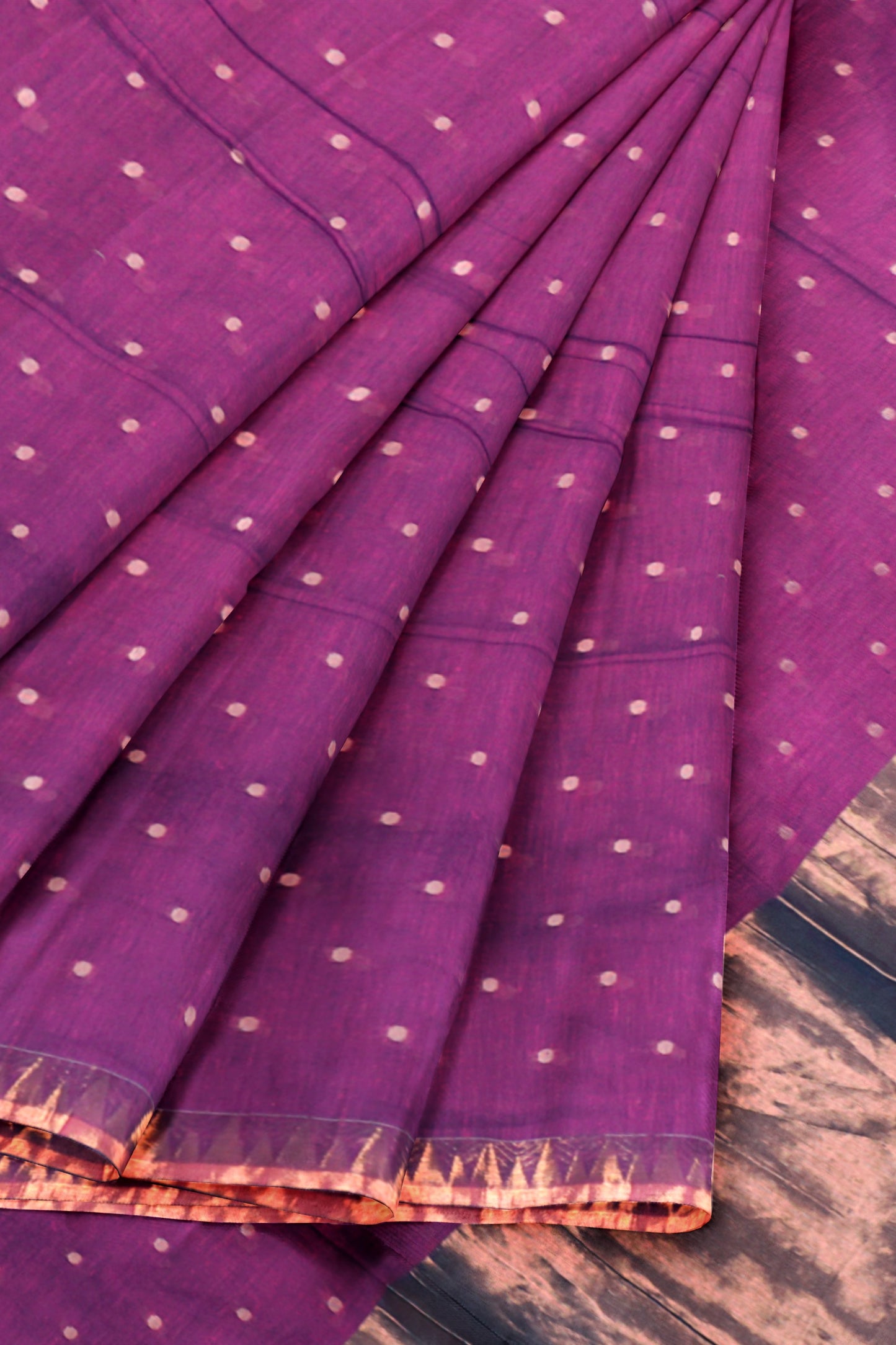 VioletSoft Bengal Cotton Mini Polka Butta Block Zari Pallu Saree