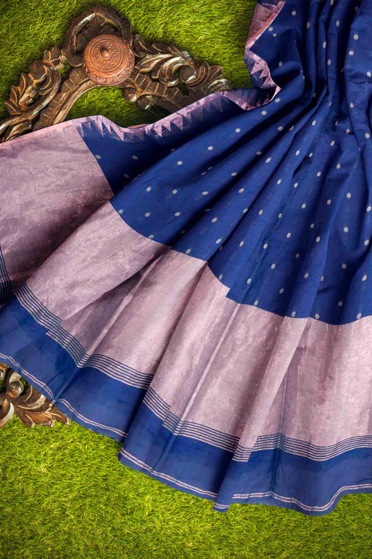 Navy Blue Soft Bengal Cotton Mini Polka Butta Block Temple Border Zari Pallu Saree