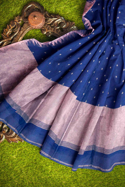 Navy Blue Soft Bengal Cotton Mini Polka Butta Block Temple Border Zari Pallu Saree