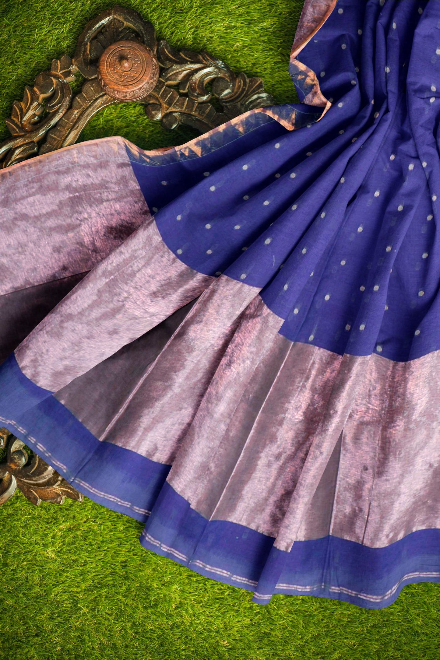 Violet Soft Bengal Cotton Mini Butta Block Zari Pallu Saree