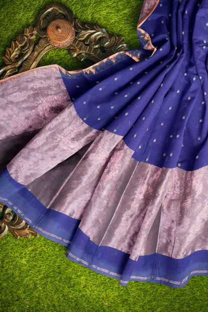 Violet Soft Bengal Cotton Mini Butta Block Zari Pallu Saree