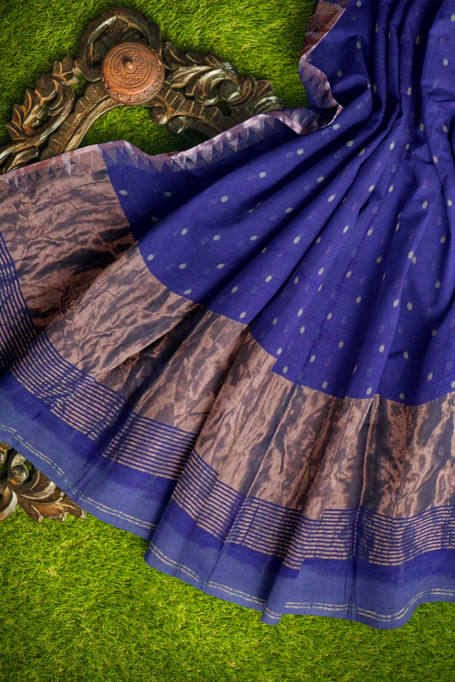 Navy Soft Bengal Cotton Mini Butta Block Zari Pallu Temple Border Saree