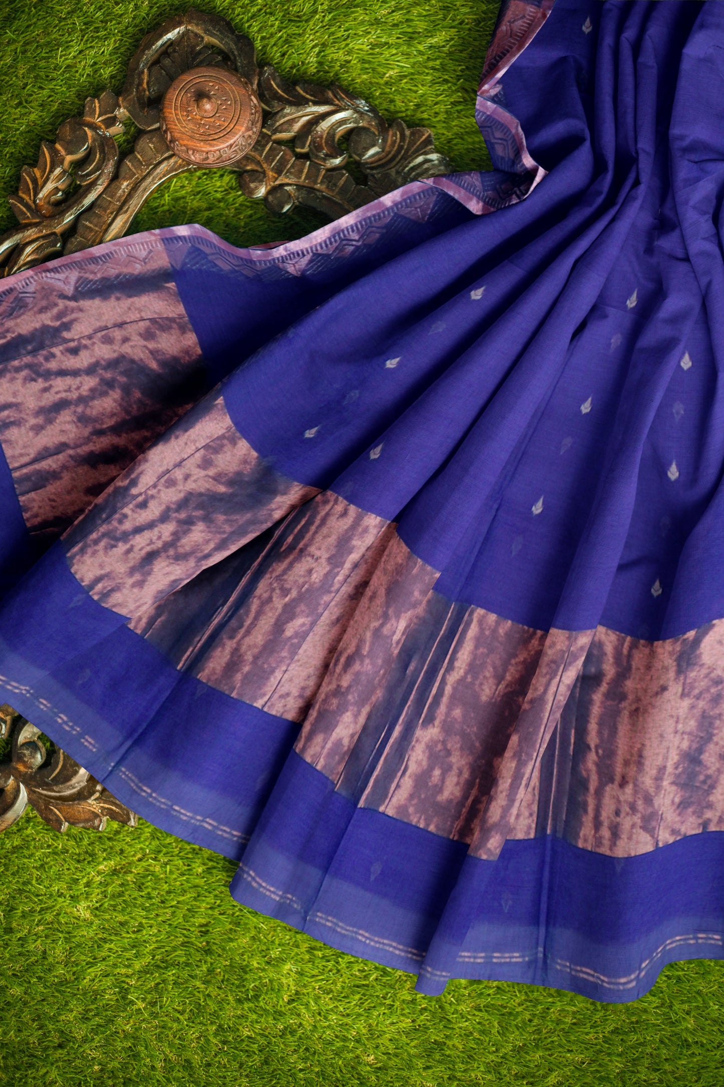 Violet Soft Bengal Cotton Mini Tilaka Butta Gopuram Style Border Block Zari Pallu Saree