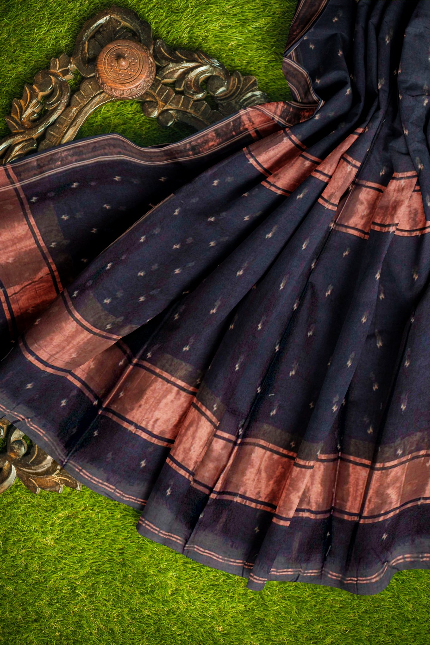 Black Soft Bengal Cotton Mini Butta Block Zari Pallu Saree