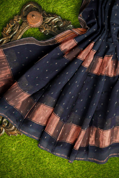 Black Soft Bengal Cotton Mini Butta Block Zari Pallu Saree