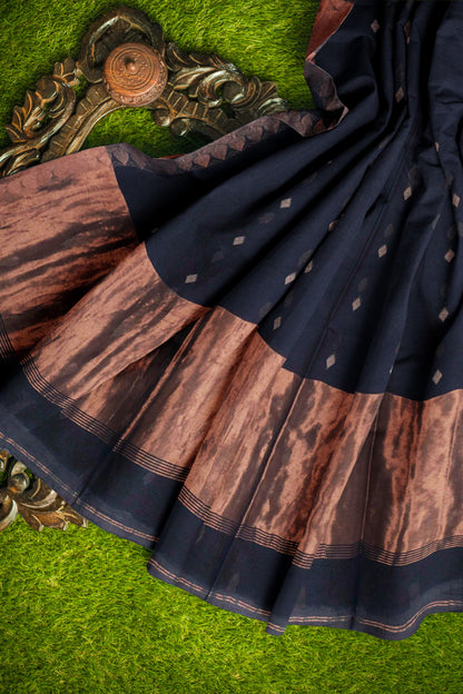 Black Soft Bengal Cotton Mini Diamond Butta Leaf Border Block Zari Pallu Saree